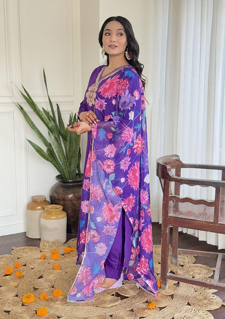 Violet Embroidery Viscose Kurti Set - Indya