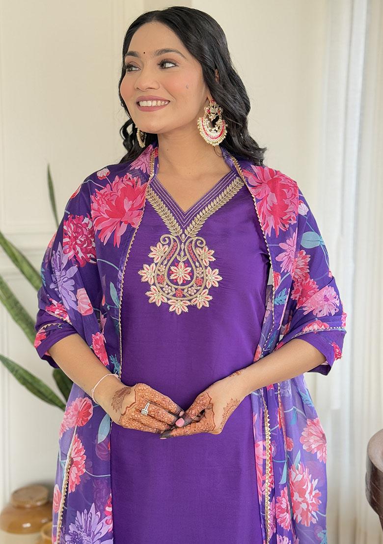 Violet Embroidery Viscose Kurti Set - Indya
