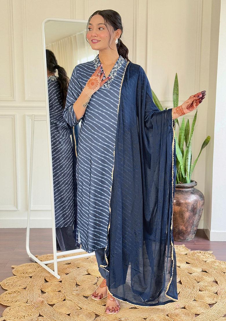 Navy Blue Embroidery Muslin Kurti Set - Indya