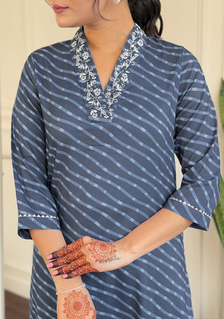 Navy Blue Embroidery Muslin Kurti Set - Indya