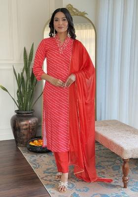 Red Embroidery Muslin Kurti Set