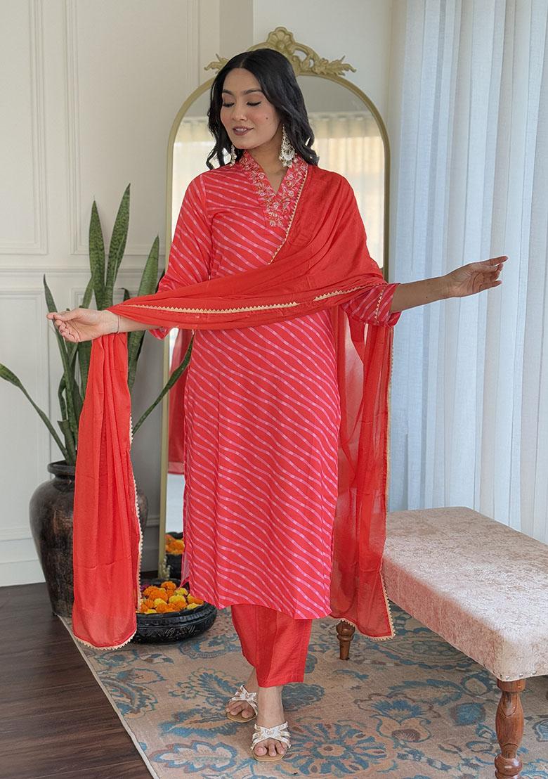 Red Embroidery Muslin Kurti Set - Indya