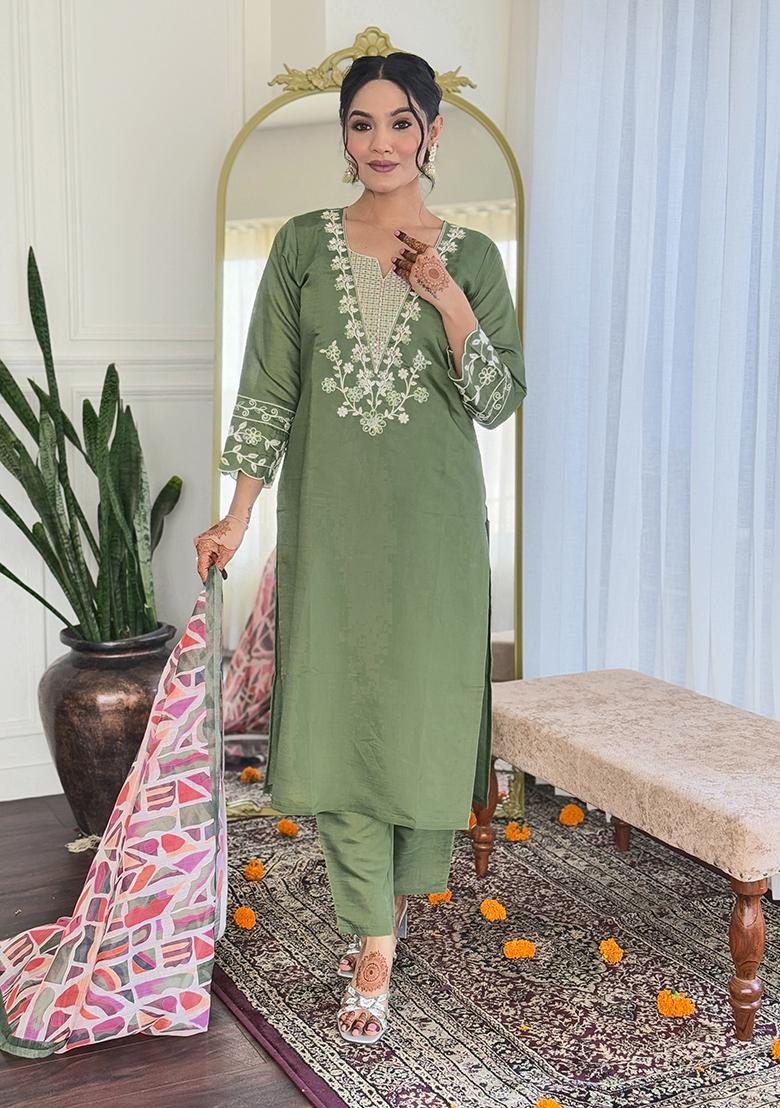 Mahendi Green Embroidery Viscose Kurti Set - Indya