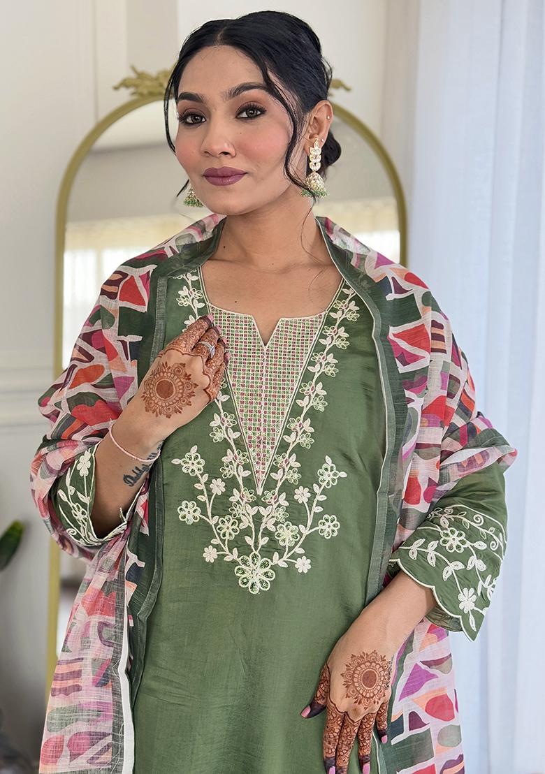 Mahendi Green Embroidery Viscose Kurti Set - Indya