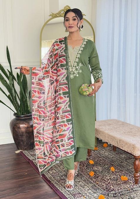 Mahendi Green Embroidery Viscose Kurti Set