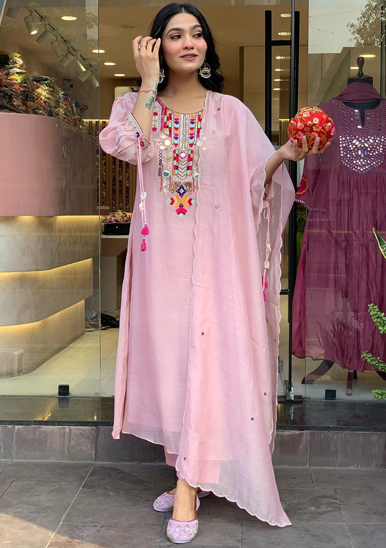 Pink Embroidery Silk Kurti Set - Indya