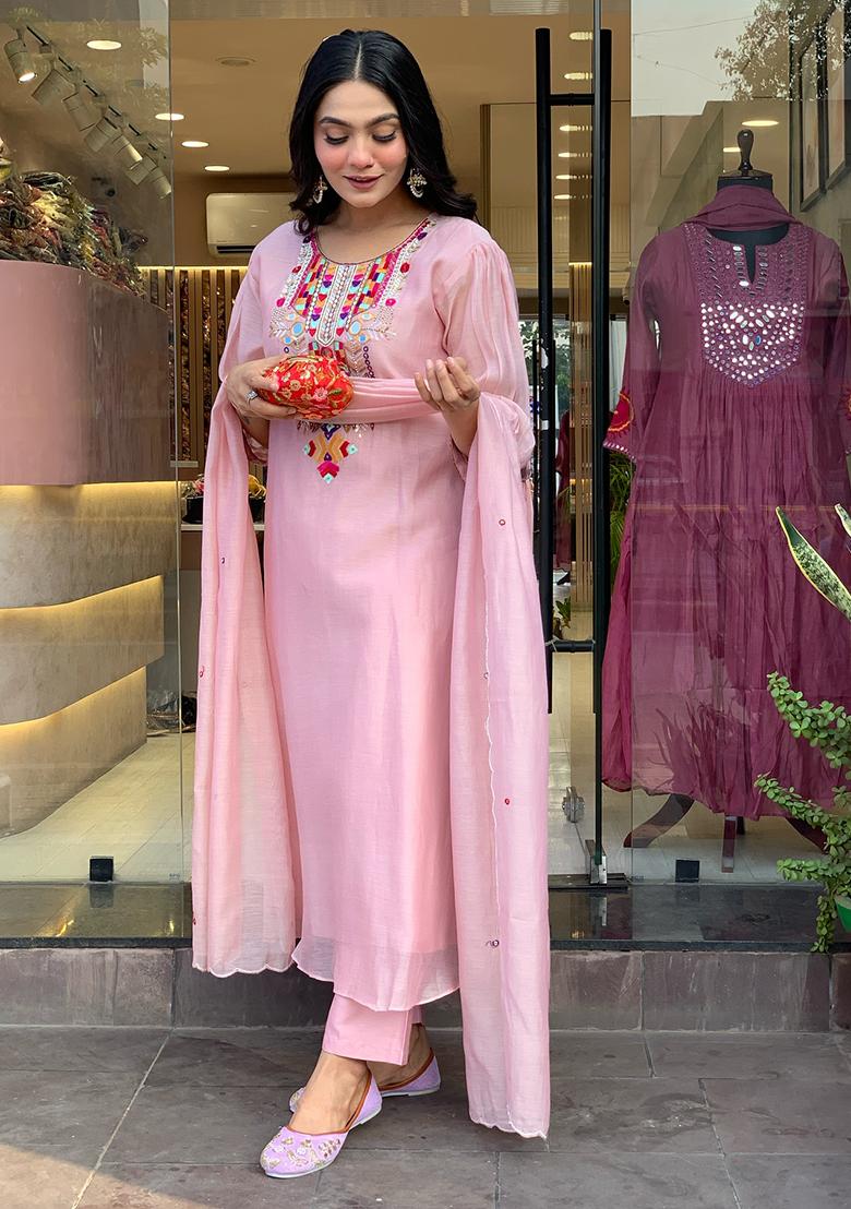 Pink Embroidery Silk Kurti Set - Indya