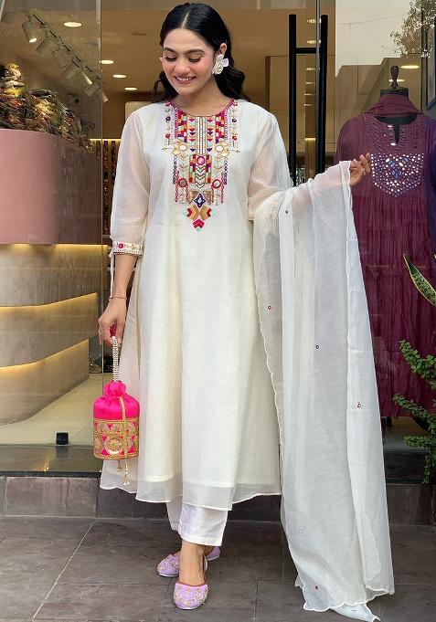 White Embroidery Silk Kurti Set