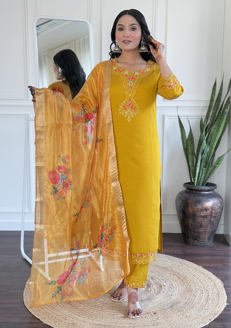 Yellow Embroidery Viscose Kurti Set - Indya