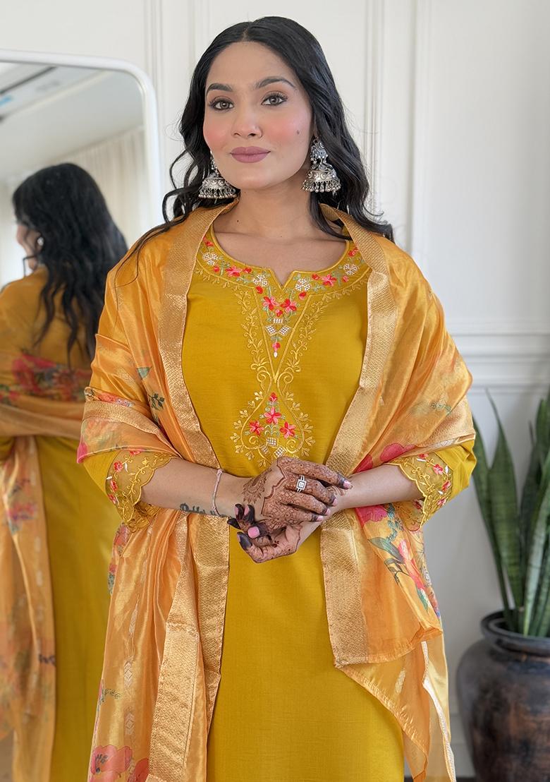 Yellow Embroidery Viscose Kurti Set - Indya