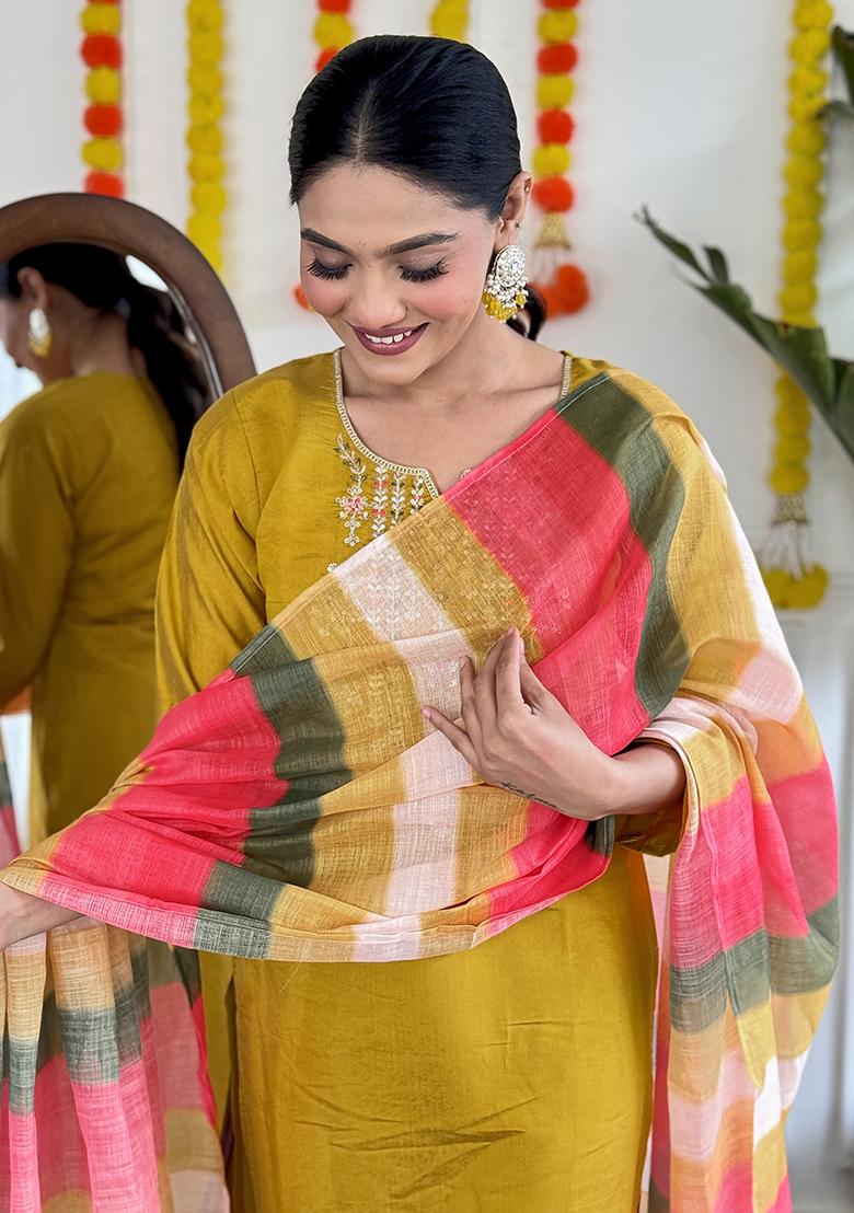 Yellow Embroidery Viscose Kurti Set - Indya