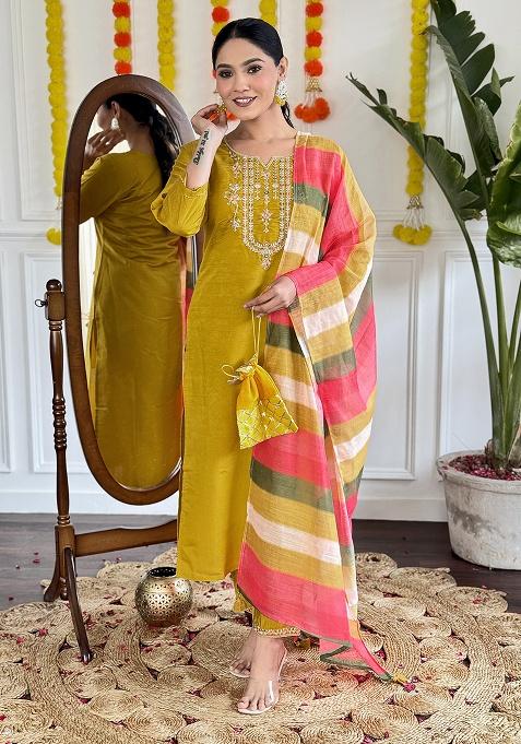 Yellow Embroidery Viscose Kurti Set