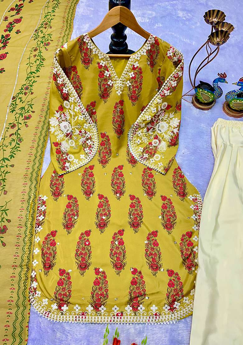 Mustard Embroidery Georgette Kurta Set - Indya