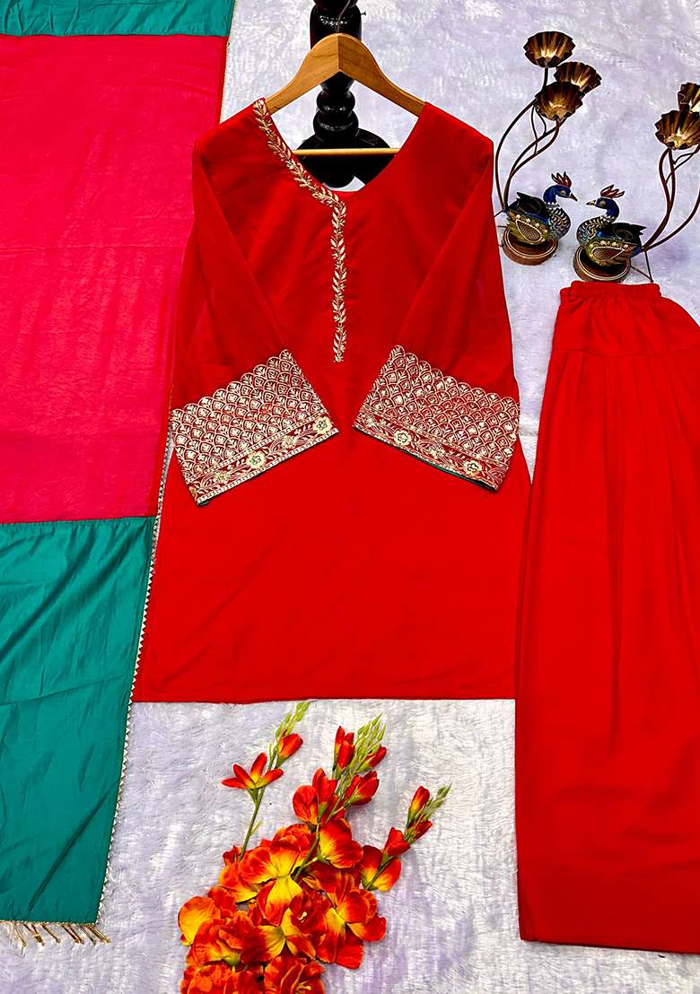 Red Embroidery Georgette Kurta Set - Indya