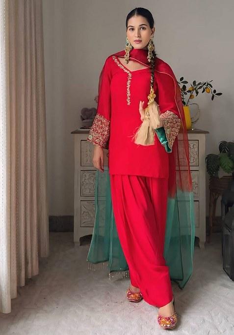 Red Embroidery Georgette Kurta Set