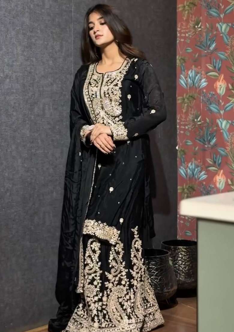 Black Embroidery Chinon Kurta Set - Indya