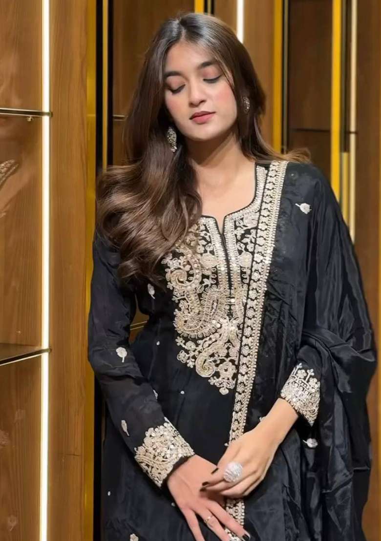 Black Embroidery Chinon Kurta Set - Indya