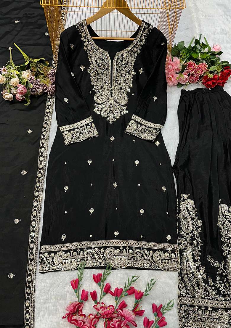 Black Embroidery Chinon Kurta Set - Indya
