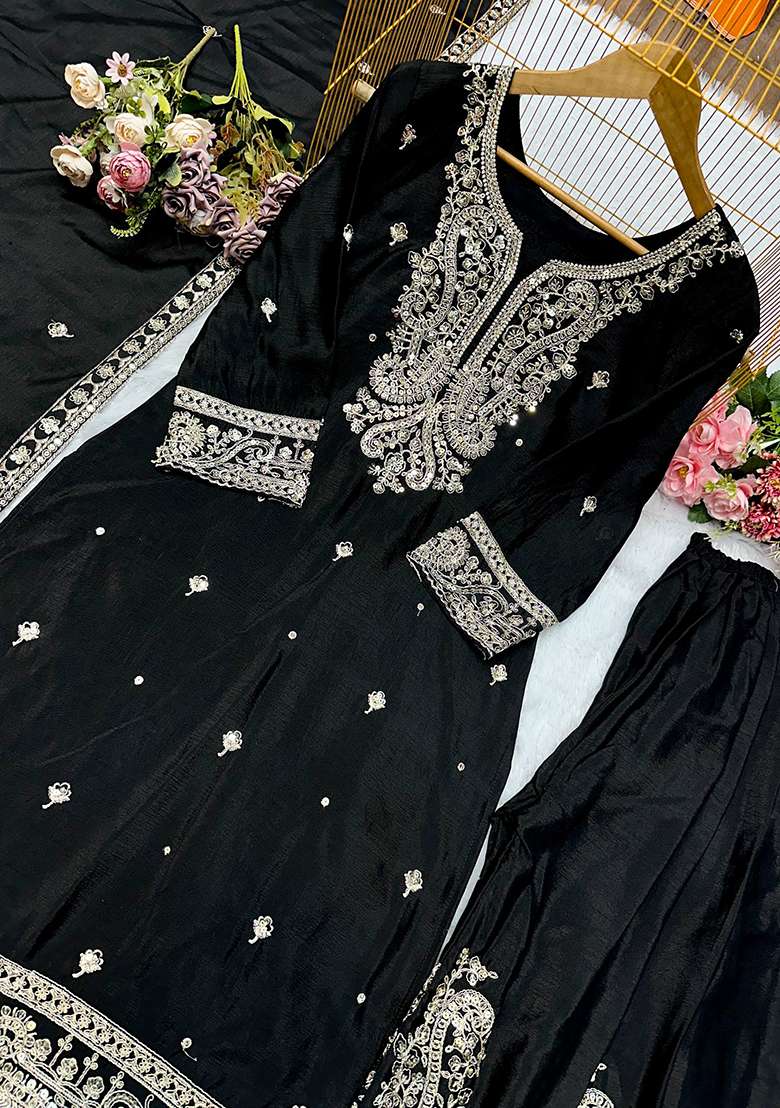 Black Embroidery Chinon Kurta Set - Indya