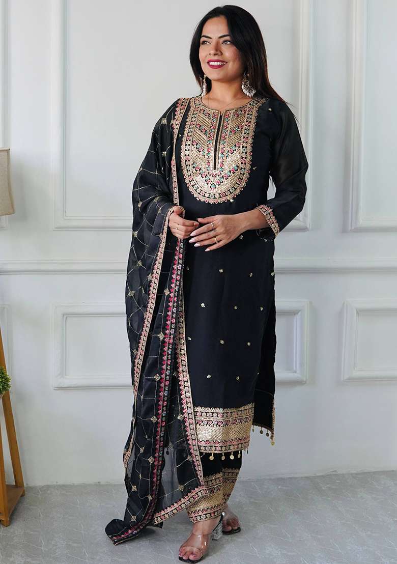 Black Embroidery Silk Kurta Set - Indya
