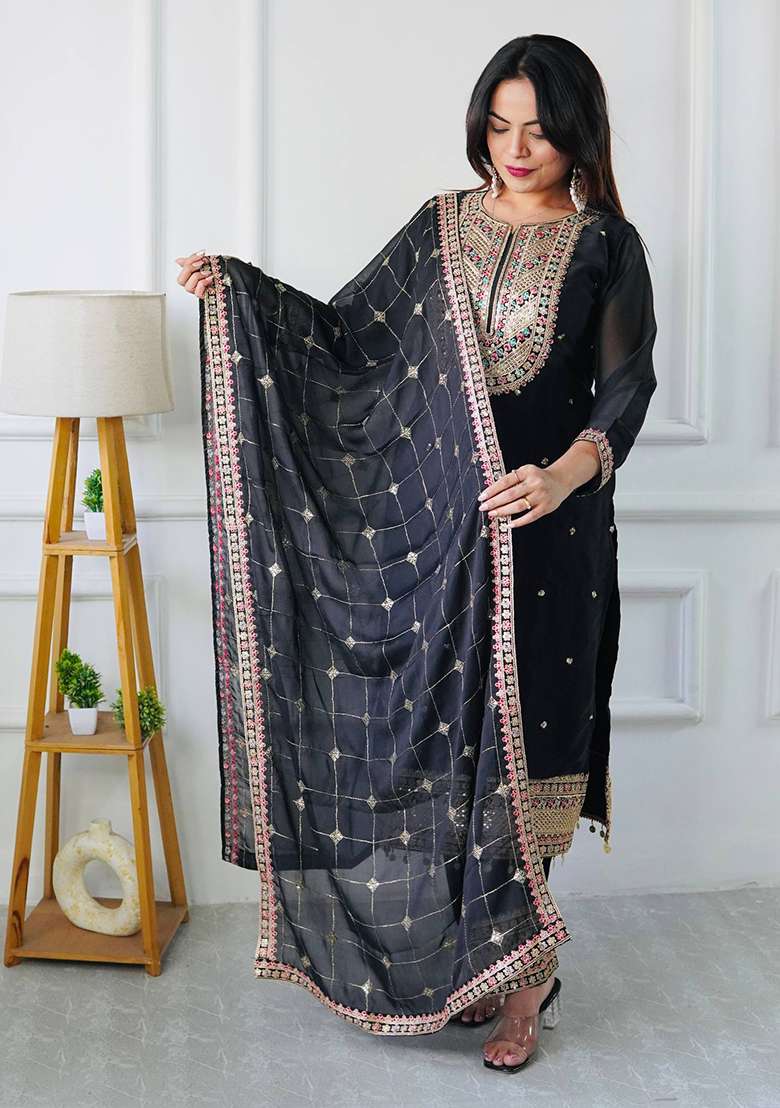 Black Embroidery Silk Kurta Set - Indya