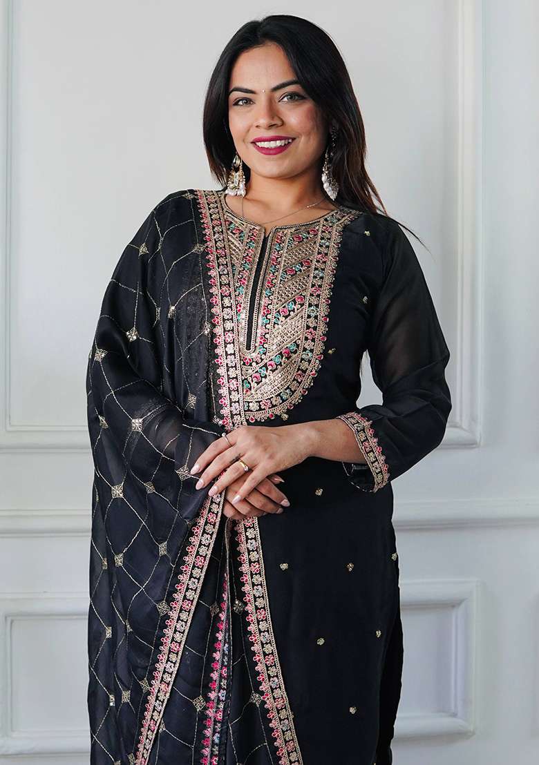 Black Embroidery Silk Kurta Set - Indya