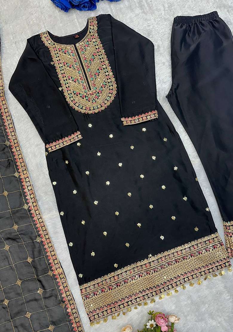 Black Embroidery Silk Kurta Set - Indya