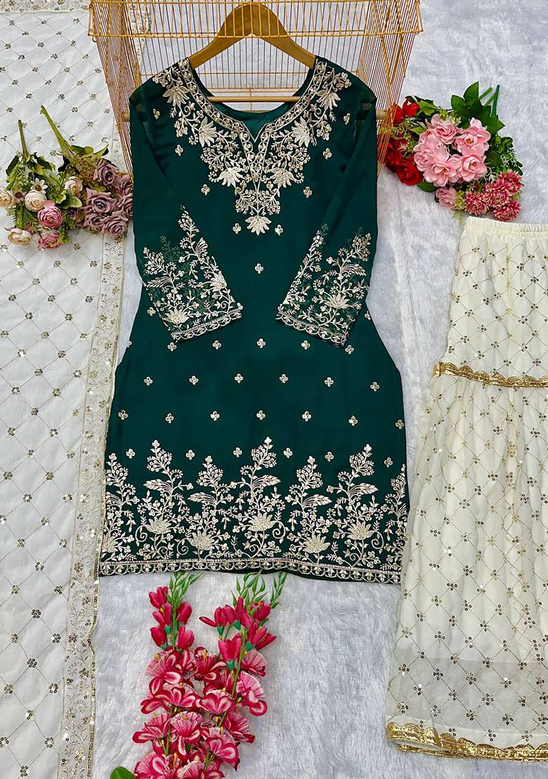 Green Embroidery Georgette Kurta Set - Indya