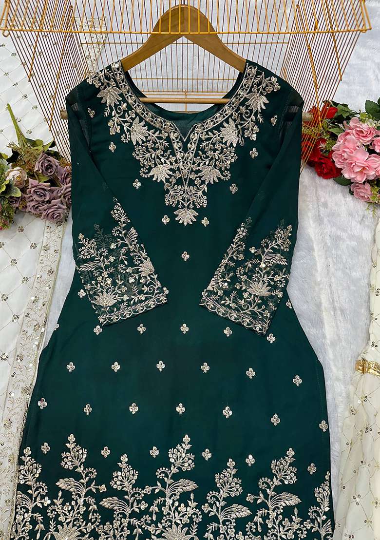 Green Embroidery Georgette Kurta Set - Indya