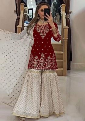 Maroon Embroidery Georgette Kurta Set