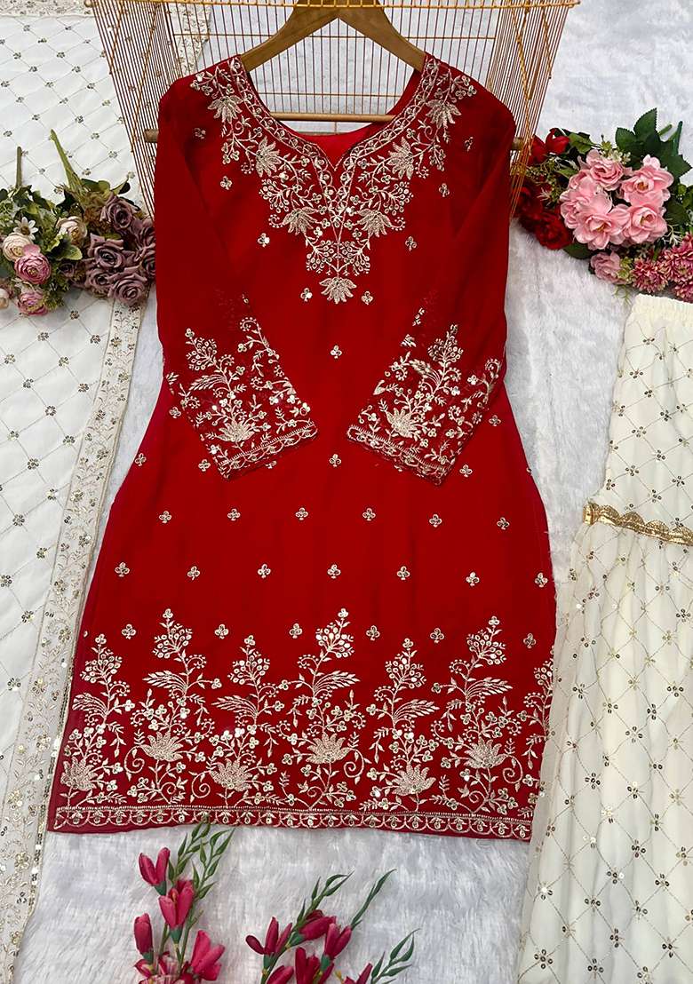 Maroon Embroidery Georgette Kurta Set - Indya
