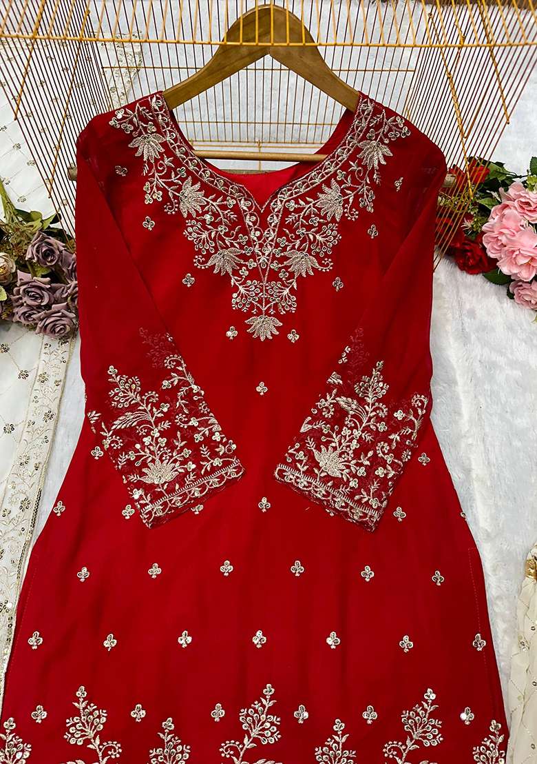 Maroon Embroidery Georgette Kurta Set - Indya