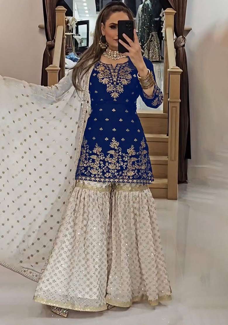 Navy Blue Embroidery Georgette Kurta Set - Indya