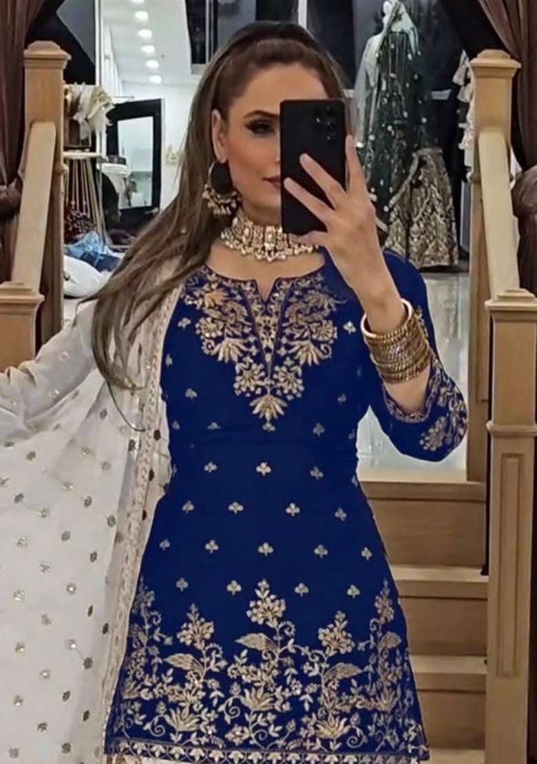 Navy Blue Embroidery Georgette Kurta Set - Indya