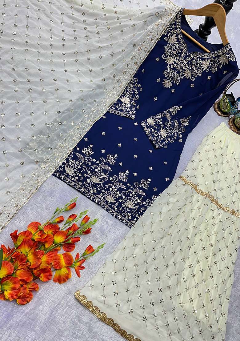 Navy Blue Embroidery Georgette Kurta Set - Indya