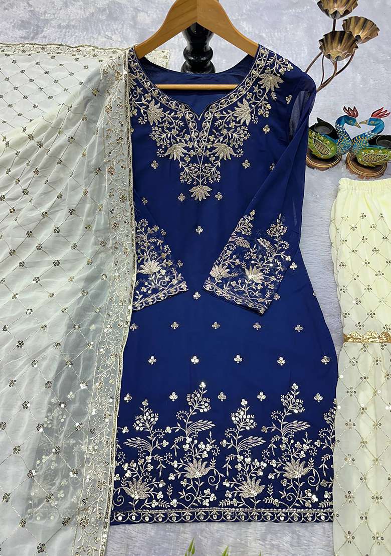 Navy Blue Embroidery Georgette Kurta Set - Indya