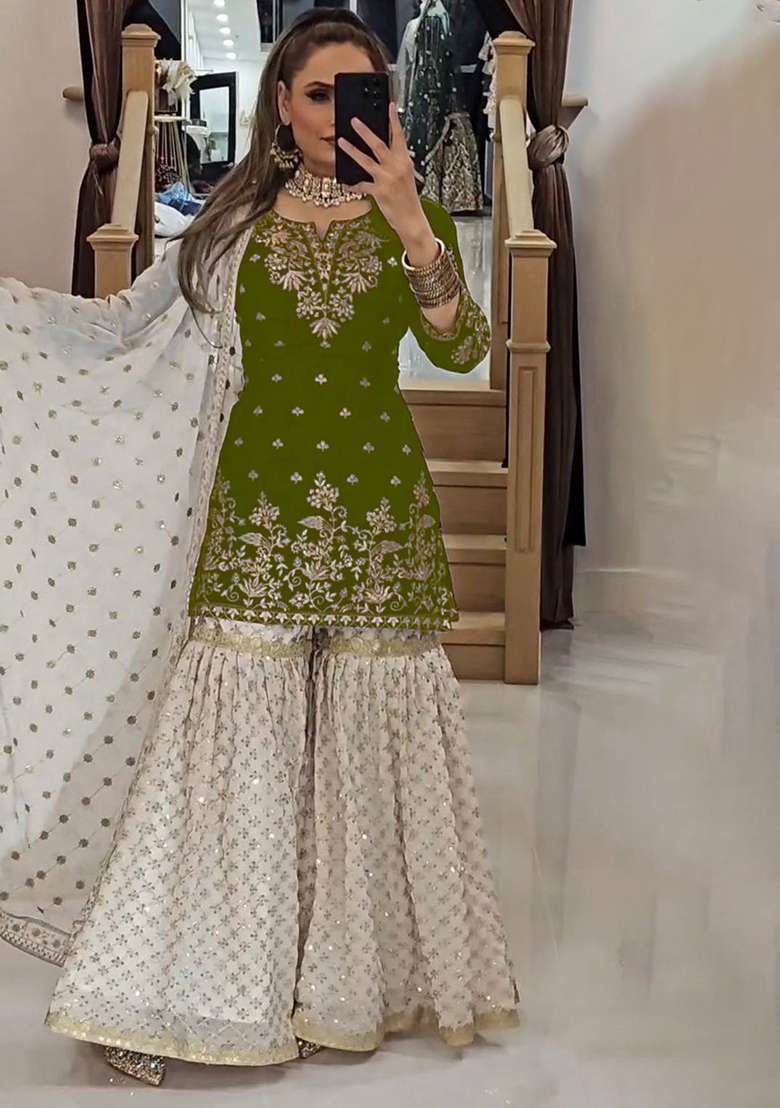 Olive Embroidery Georgette Kurta Set - Indya