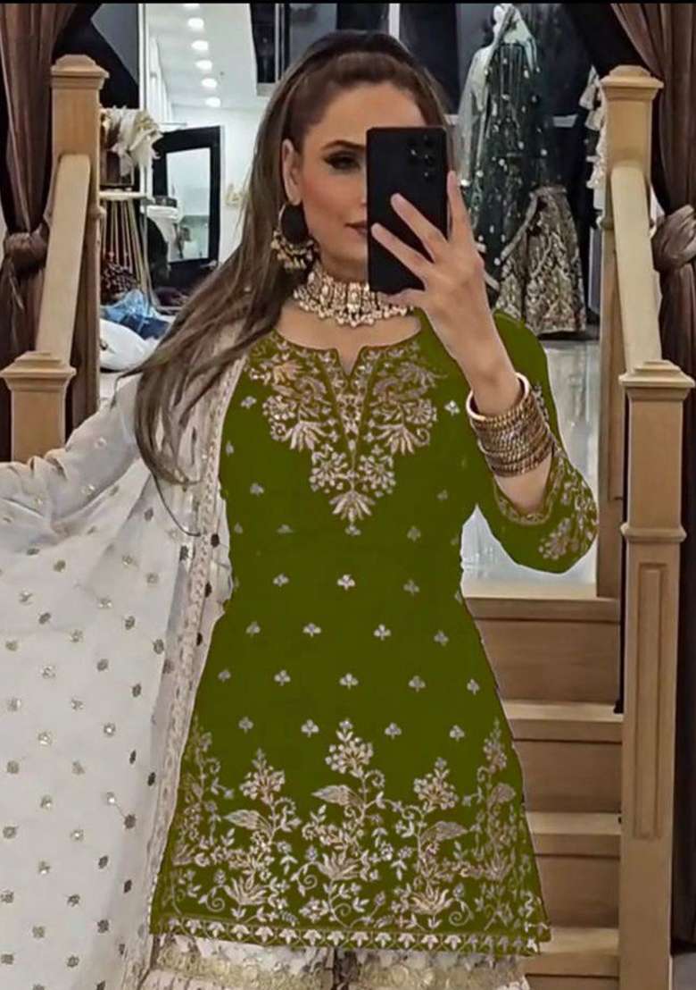 Olive Embroidery Georgette Kurta Set - Indya