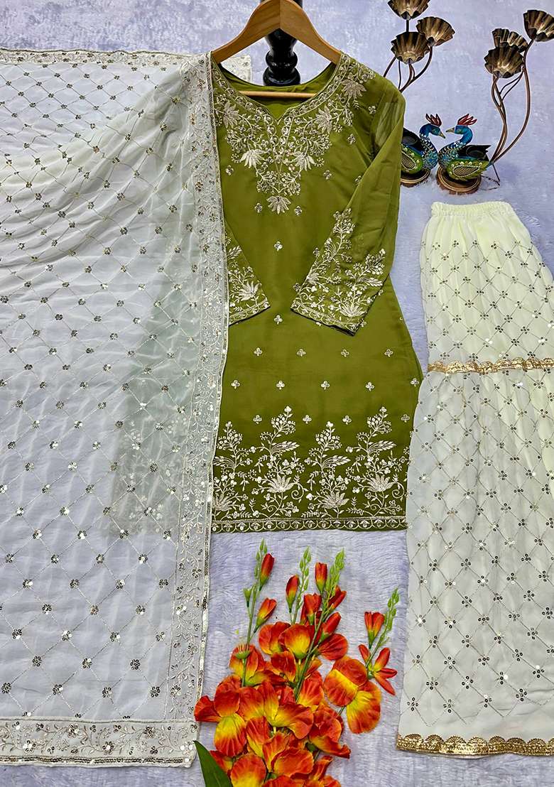 Olive Embroidery Georgette Kurta Set - Indya