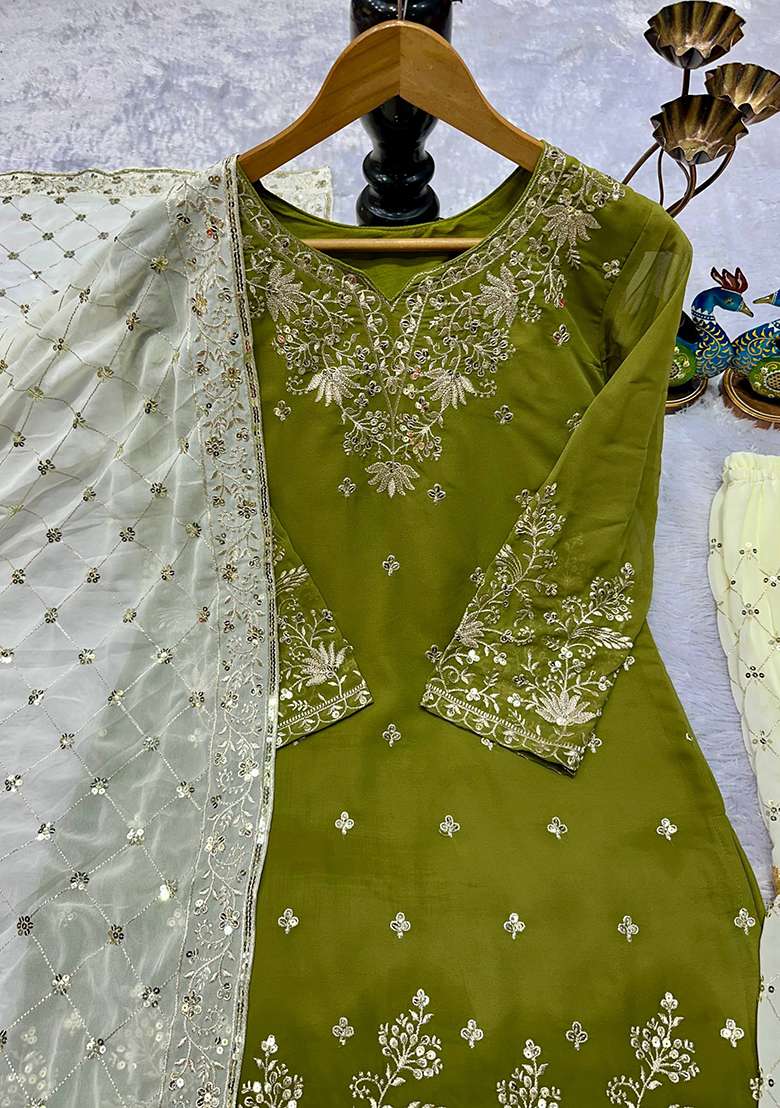 Olive Embroidery Georgette Kurta Set - Indya
