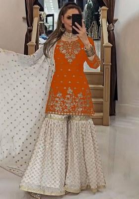 Orange Embroidery Georgette Kurta Set