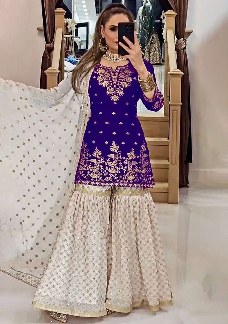 Purple Embroidery Georgette Kurta Set - Indya