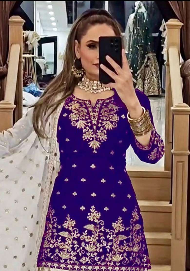 Purple Embroidery Georgette Kurta Set - Indya