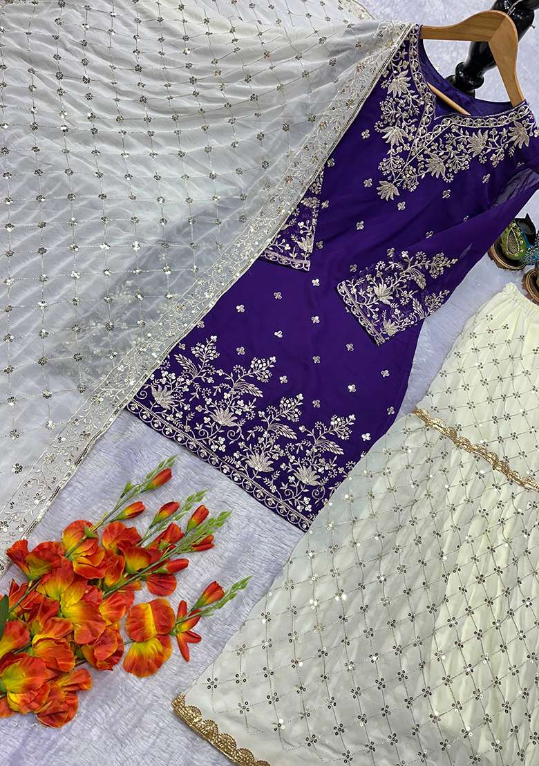 Purple Embroidery Georgette Kurta Set - Indya