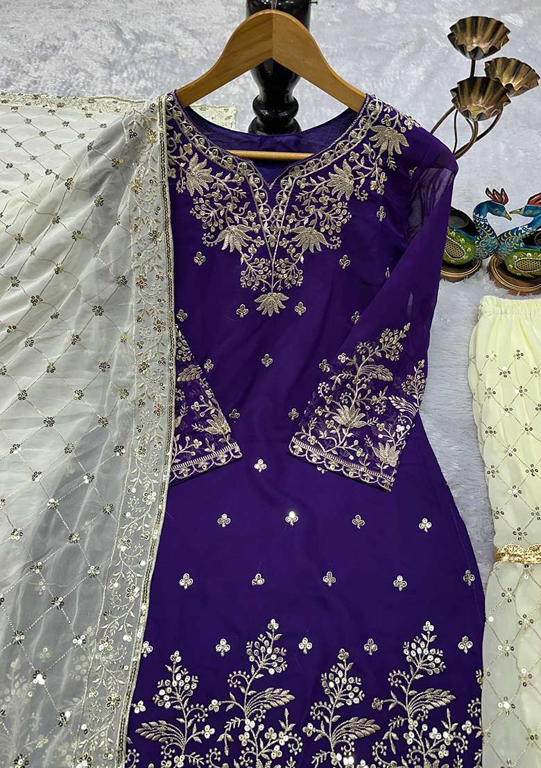 Purple Embroidery Georgette Kurta Set - Indya