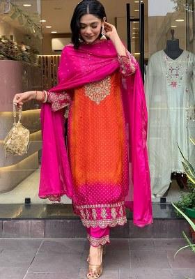 Orange Embroidery Chinon Kurta Set
