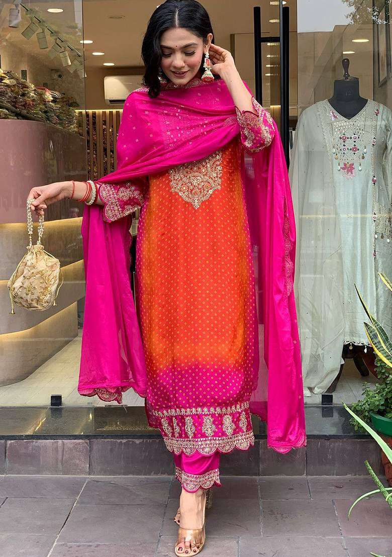 Orange Embroidery Chinon Kurta Set - Indya