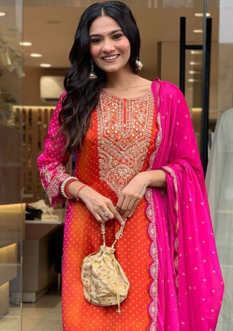 Orange Embroidery Chinon Kurta Set - Indya