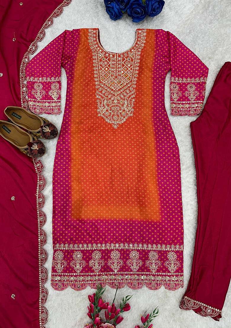 Orange Embroidery Chinon Kurta Set - Indya