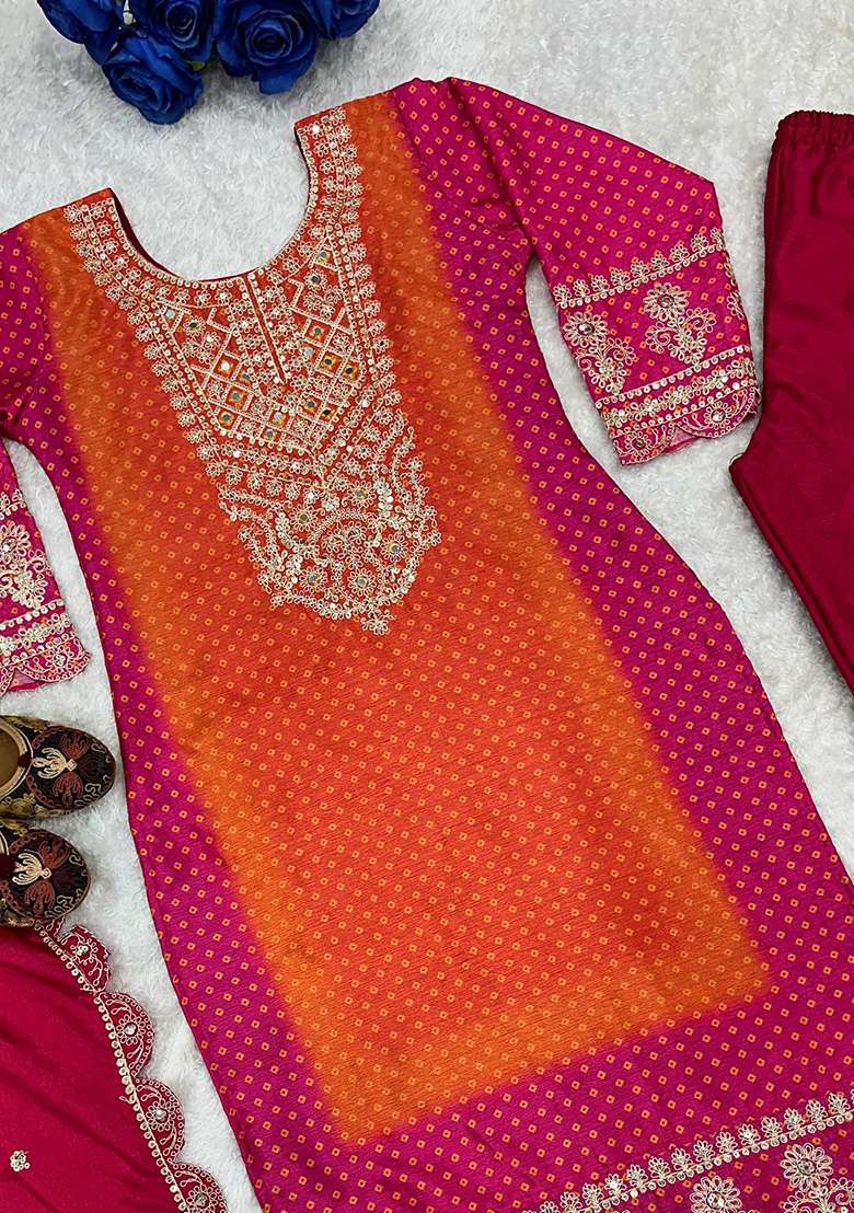 Orange Embroidery Chinon Kurta Set - Indya